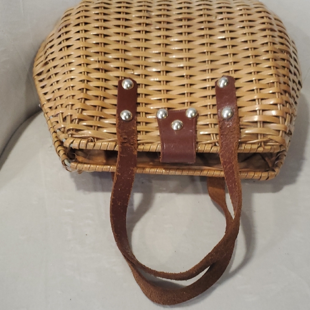 Simon Hand Made Wicker Brown Leather Top Handle Woven Satchel Bag - Picture 15 of 15